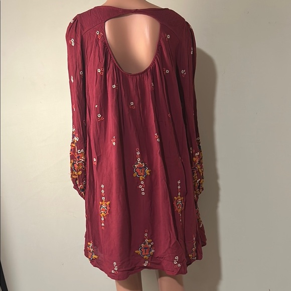 Free People Tunic Dress Boho Embroidered Lined Burgundy Oversized Pockets Sz M - Picture 9 of 15